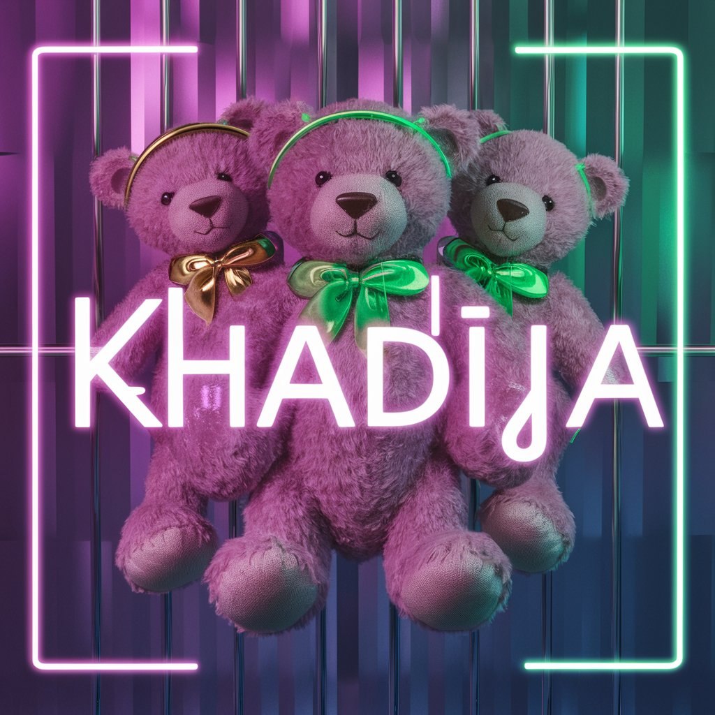 Playful neon teddy bears and 'Khadija' on a dynamic glowing Wallpaper backdrop."