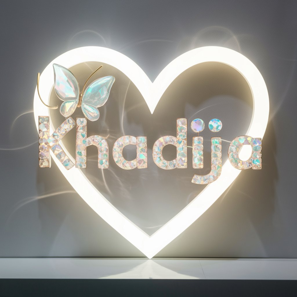 Iridescent 'Khadija' logo with opal colors and delicate glass butterfly, a soothing wallpaper choice."