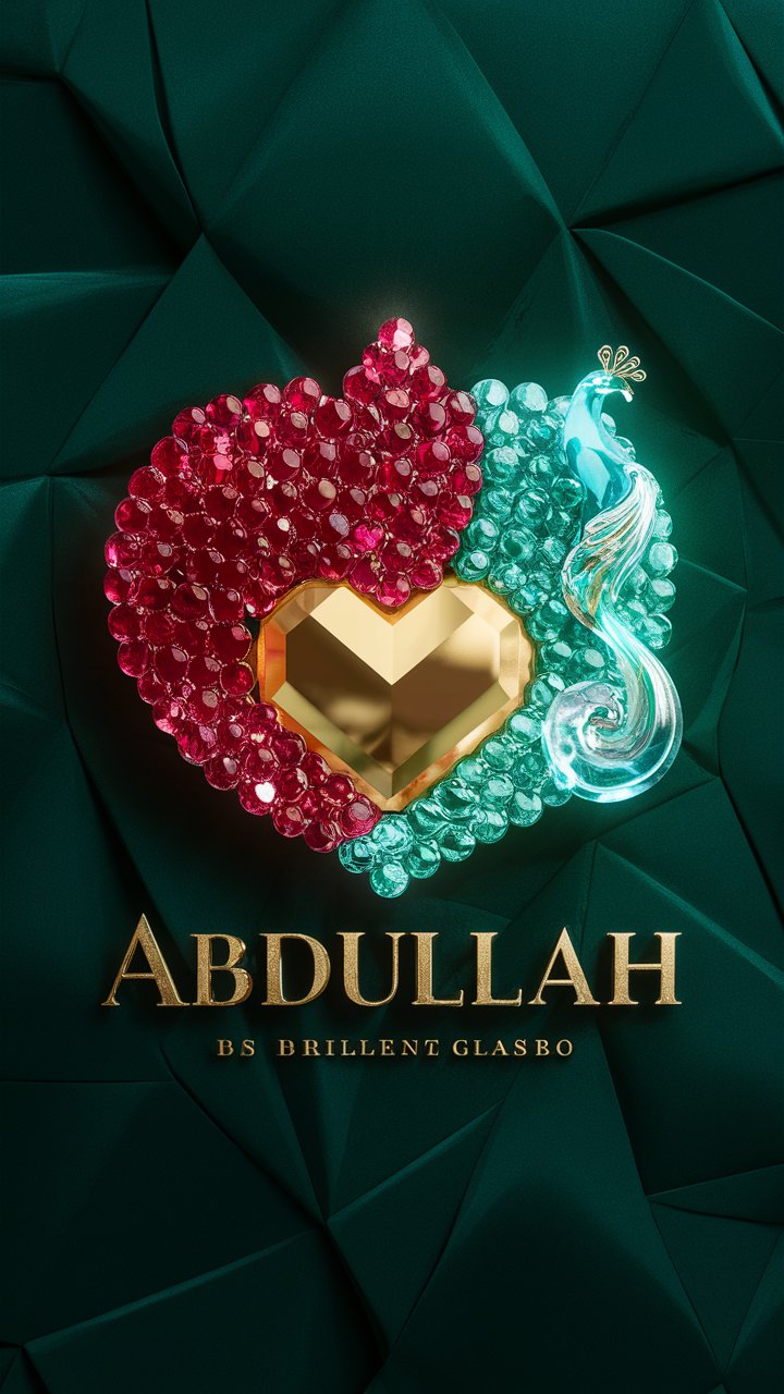 Opulent 3D logo for Abdullah with golden heart, shimmering rubies, and a glass peacock."