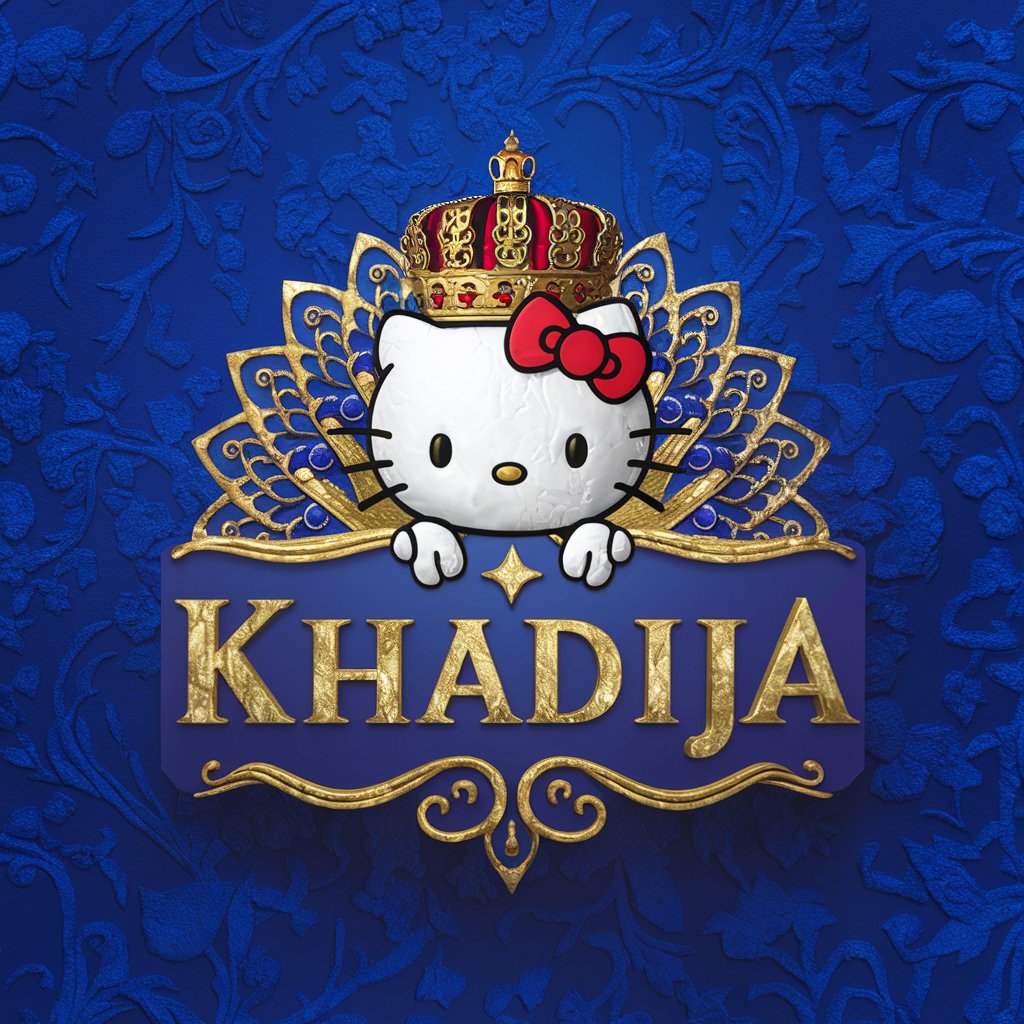 Khadija" sparkles in royal blue and gold with Hello Kitty wearing a crown, set against a luxurious deep blue backdrop.