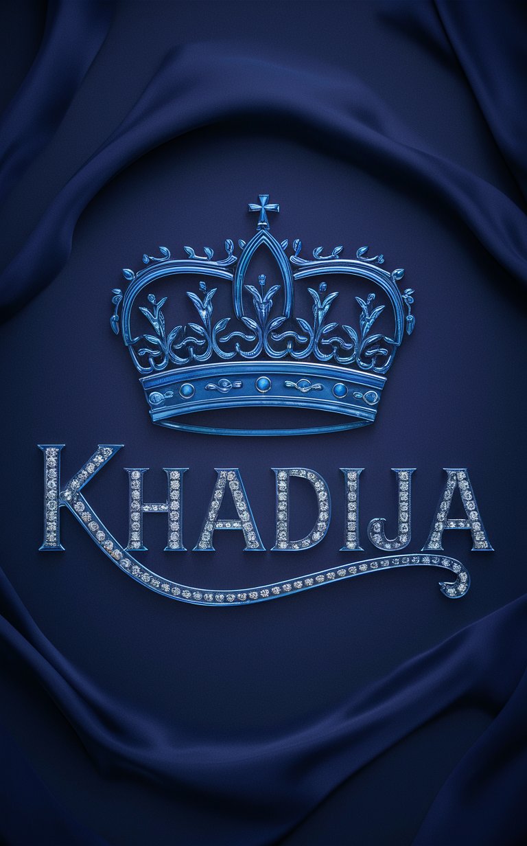 Regal "Khadija Name Wallpaper" in sapphire blue, with a royal crown and deep navy background.