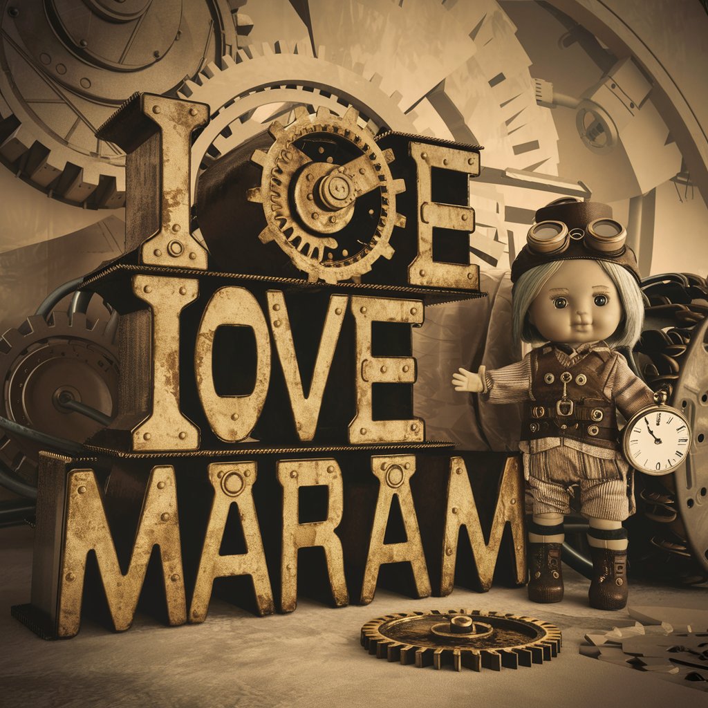 Industrial 'I love Maryam' letters with a steampunk doll, creating a mechanical, adventurous scene."