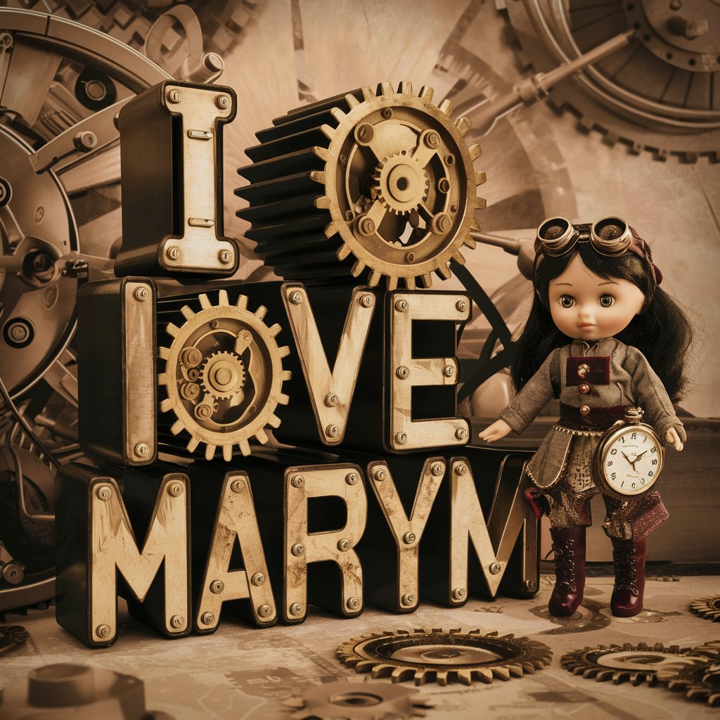 "Sepia-toned scene with steampunk 'I love Maryam' letters and a doll in goggles and vintage attire."