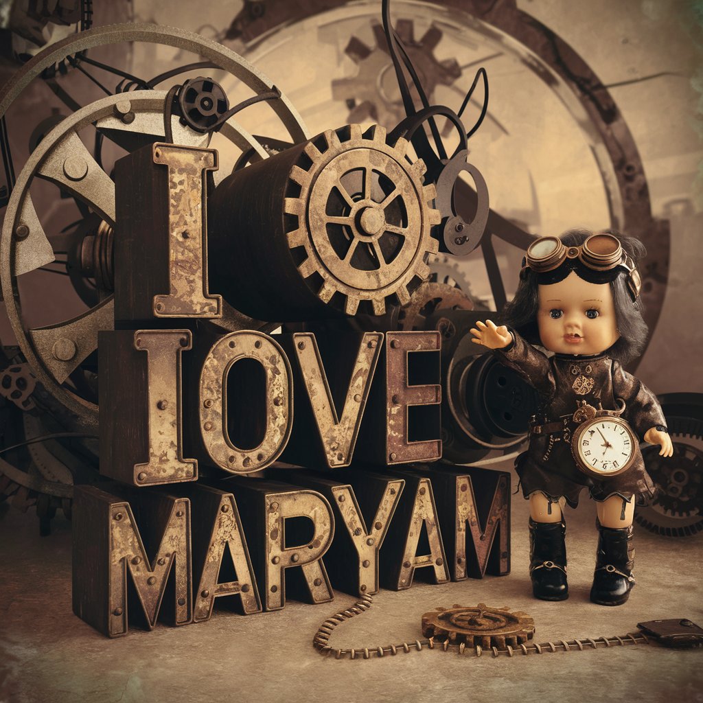 Gears and metal 'I love Maryam' letters with a steampunk doll create an adventurous setting."