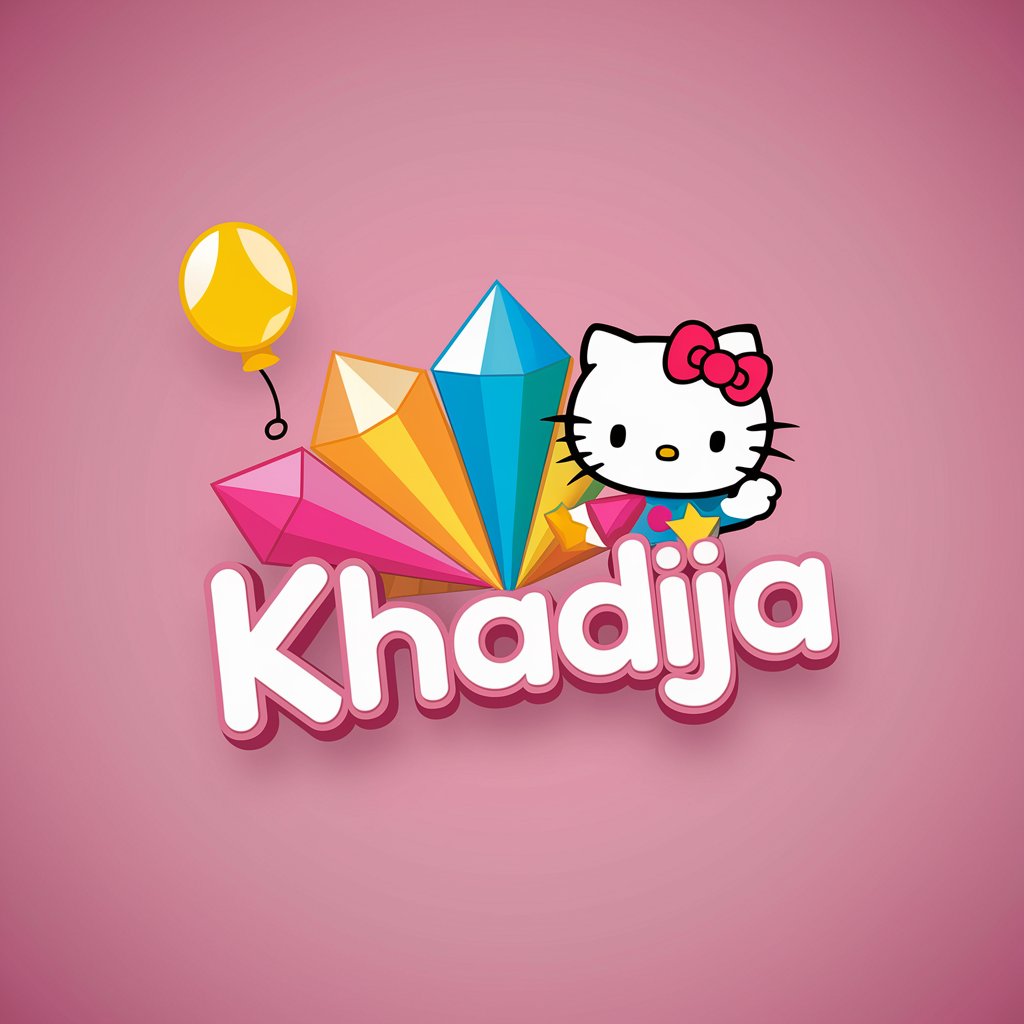 Khadija" in lively rainbow gems with Hello Kitty holding a balloon, creating a sweet and whimsical pink backdrop.