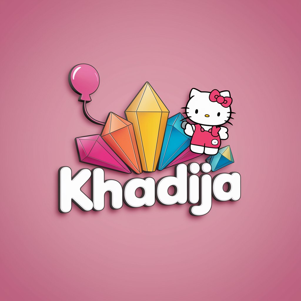 Playful "Khadija" logo with rainbow hues and Hello Kitty with a balloon on a joyful pink background.