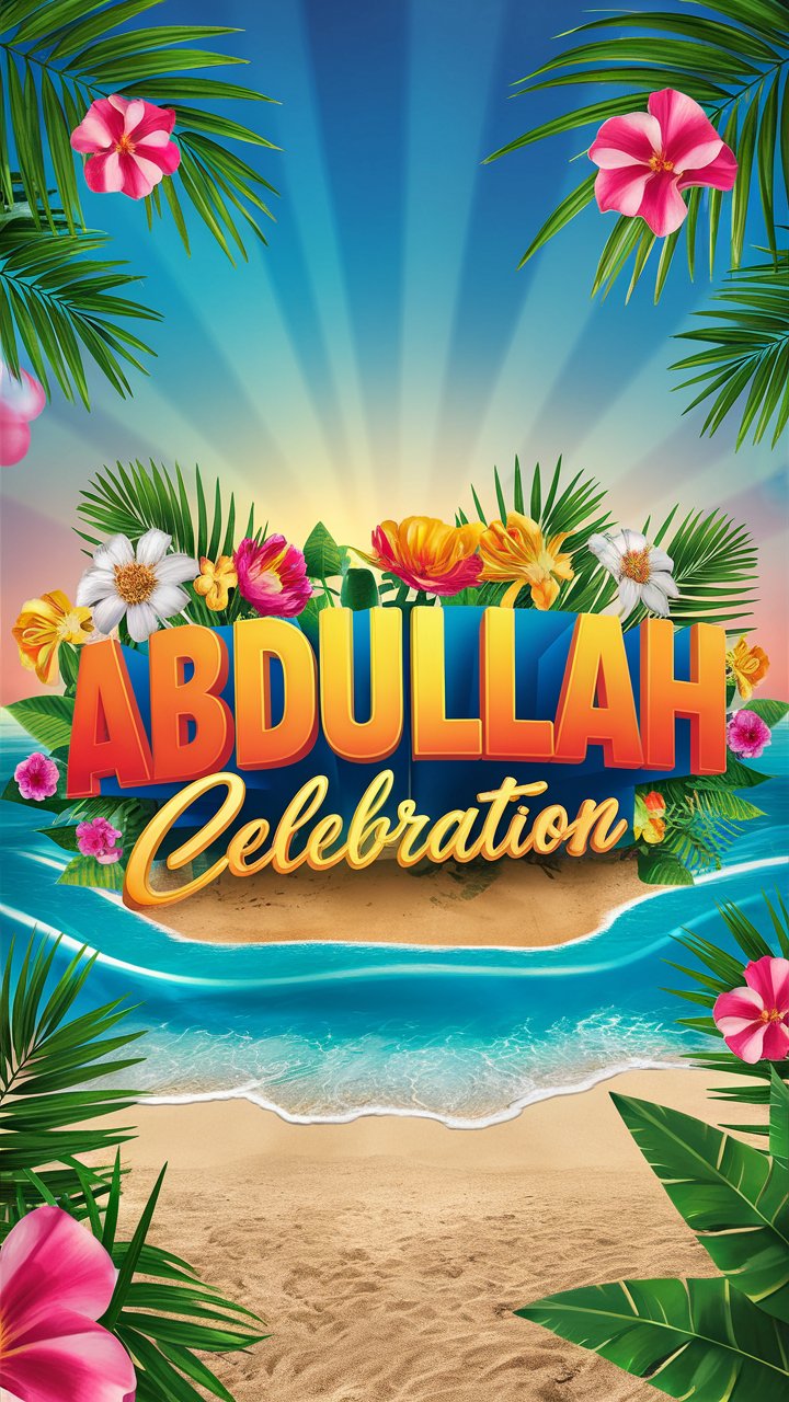 Festive 'Abdullah' displayed in 3D on a tropical beach with a warm sunset sky and lush foliage."