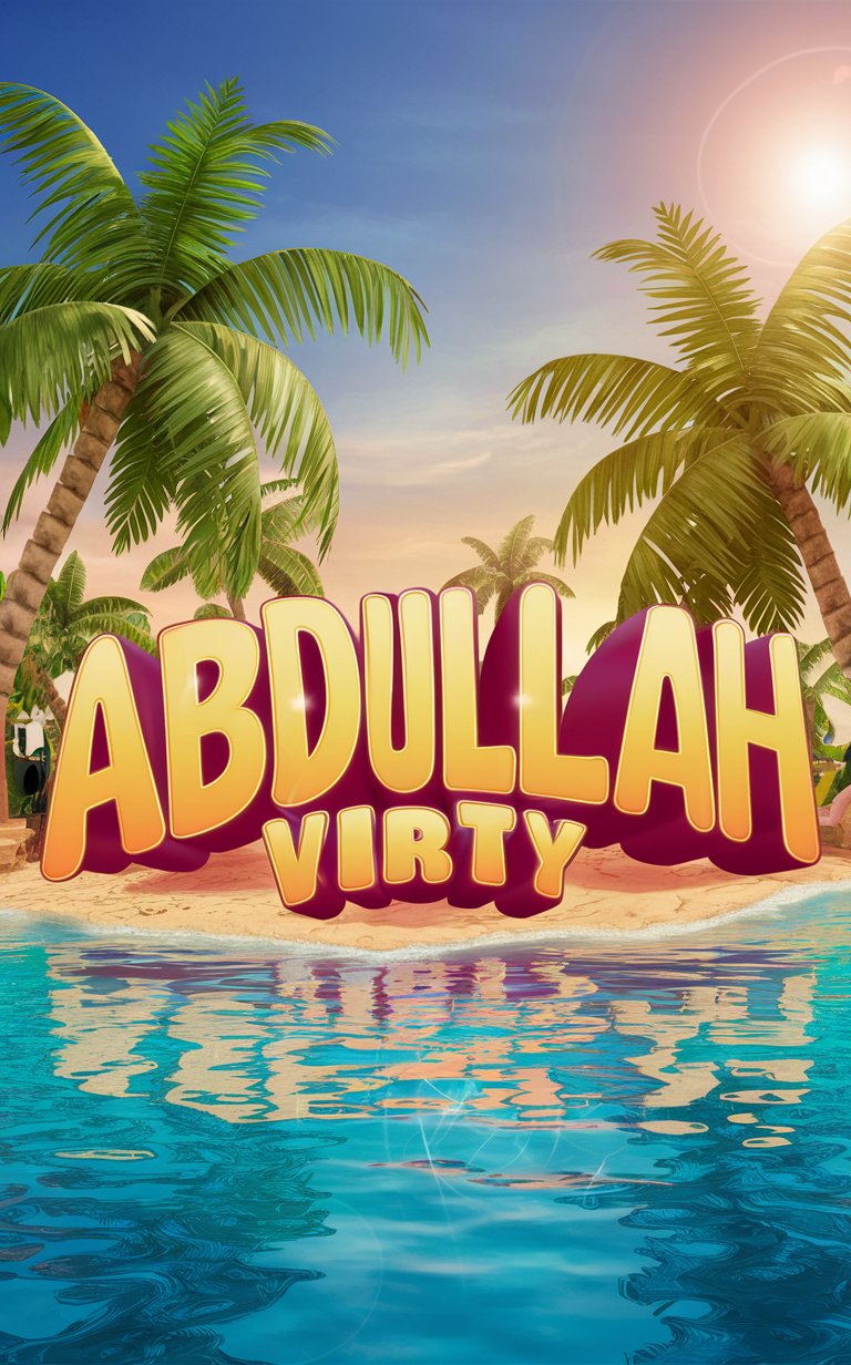 Abdullah in vibrant 3D letters on a sunny beach with tropical foliage and a cheerful atmosphere."