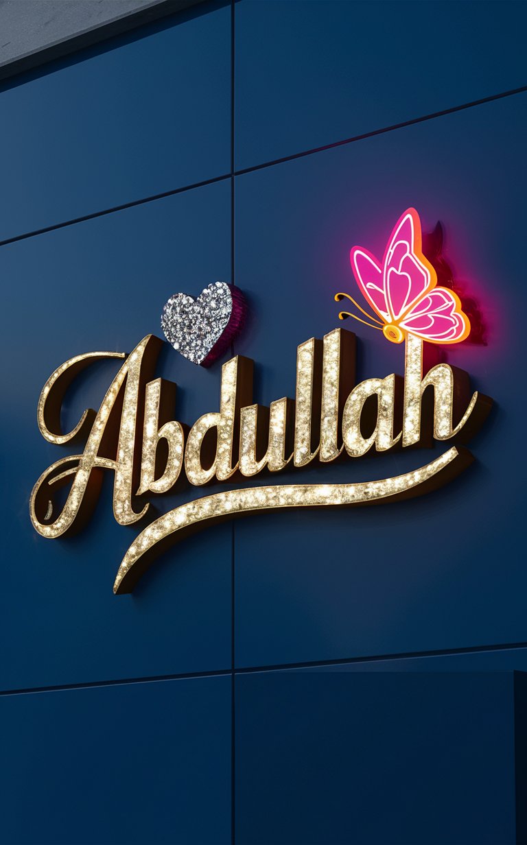 "Vibrant 'Abdullah' logo in neon pink and orange with sparkling butterfly detail."