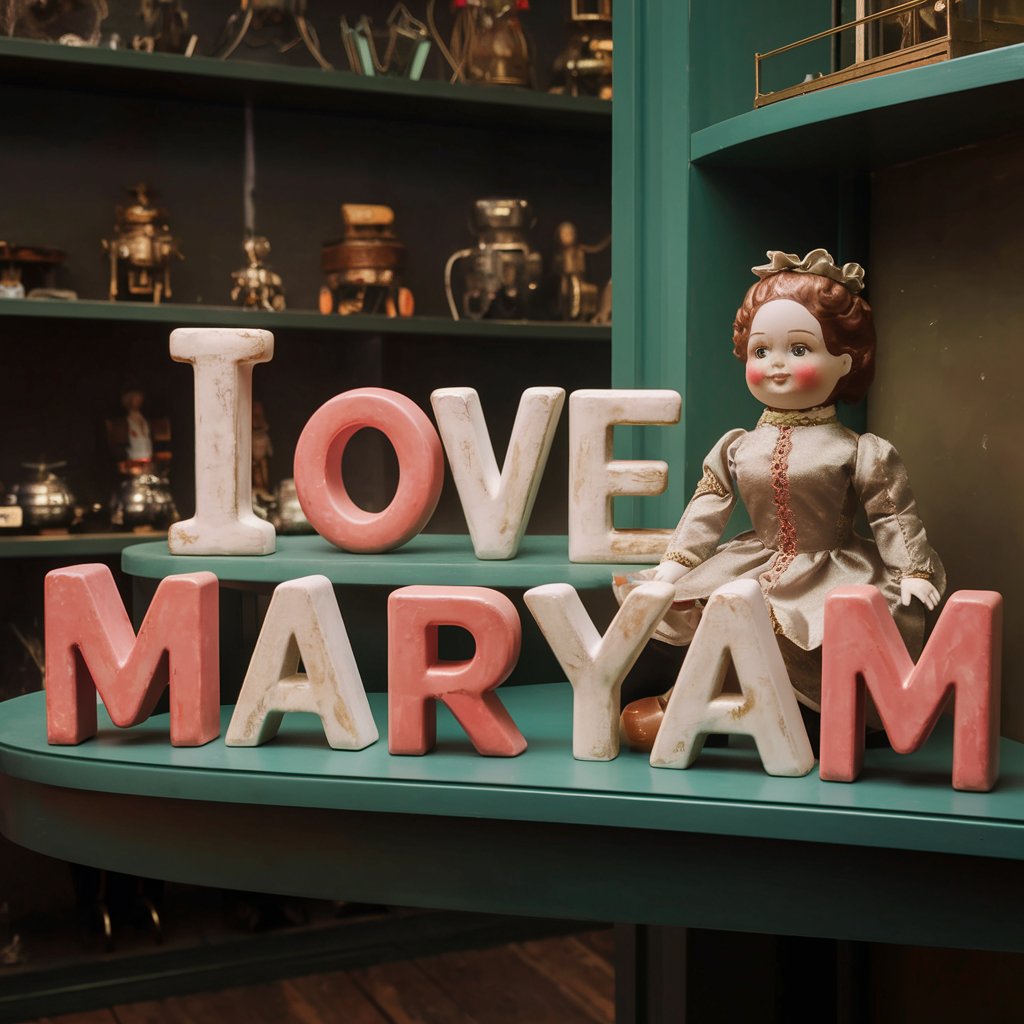 Porcelain doll in a Victorian outfit beside vintage 'I love Maryam' letters in an antique toy store."