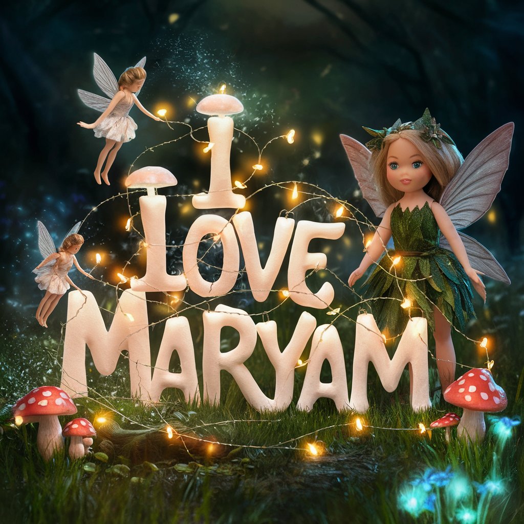 Magical 'I love Maryam' letters glow in a whimsical forest with fairies, a woodland doll adding charm."