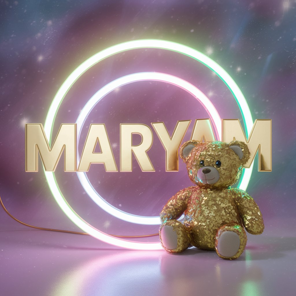 Bold gold letters, colorful neon lights, and a cute teddy."