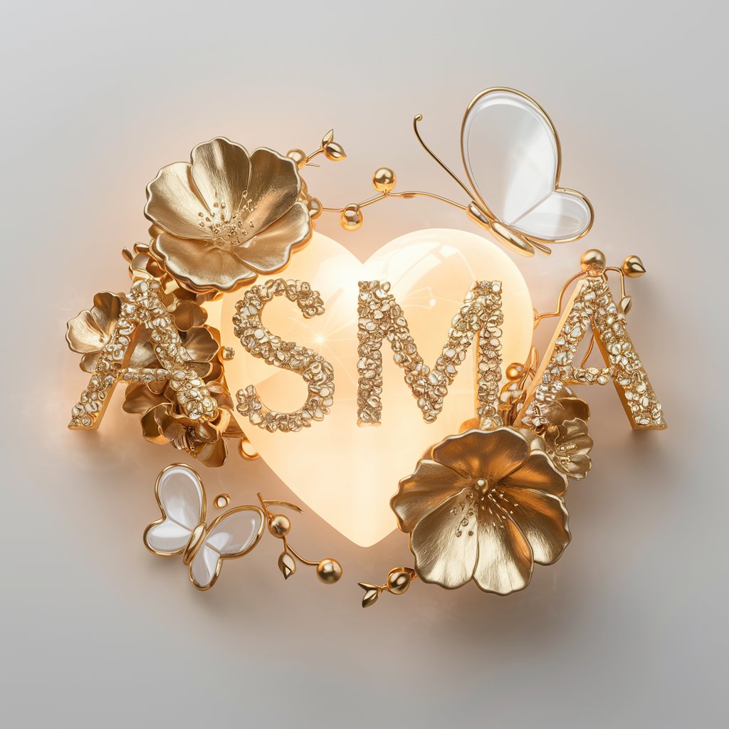 Sophisticated 'Asma' Logo Wallpaper: Golden flowers and a glowing heart against a sleek silver background."