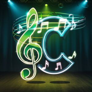 Neon-lit "C" name DP with vibrant colors and musical accents.