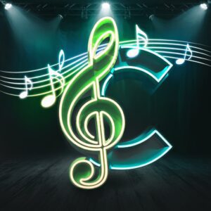 Harmonious "C" name DP with glowing neon lights and a concert-like vibe.