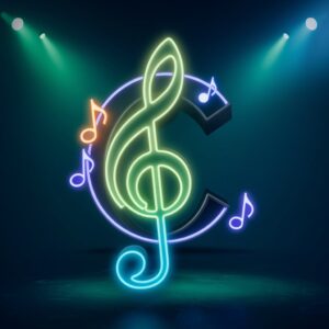 Musical "C" name DP with neon lights and glowing musical notes on a dark stage.