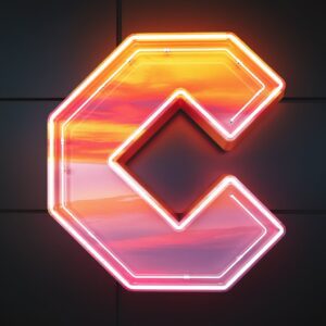 Vibrant "C" name DP with neon-lit letters and a warm sunset theme.