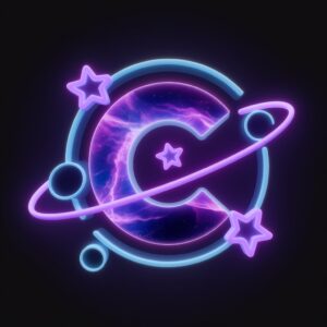 Galaxy-themed "C" name DP with neon-lit letters and a cosmic atmosphere.