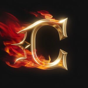 Fiery 3D letter 'C' in gold, standing out against a deep black background