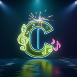 Electric "C" name DP featuring neon greens and blues with a musical theme.