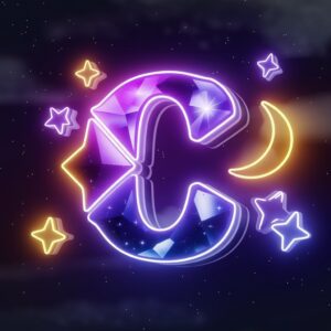 Celestial-themed "C" name DP with sparkling gem effect and neon-lit stars on a starry background.