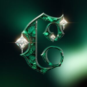 Emerald green letter 'C' with diamond accents and gemstone textures, glowing against a gradient from forest green to mint