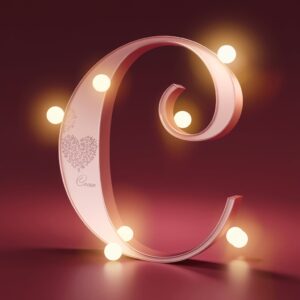 Sophisticated 3D render of the letter C in rose gold, featuring delicate floral hearts and warm lighting effects against a pinkish gradient backdrop