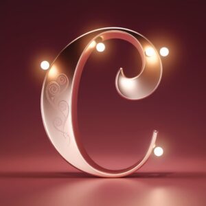 Romantic rose gold letter C with silver floral patterns and soft lighting, highlighted against a smooth gradient from deep burgundy to light pink."