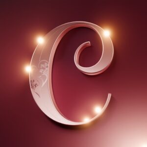 Elegant rose gold letter C with silver heart-patterned accents, softly glowing on a gradient burgundy to blush pink background."