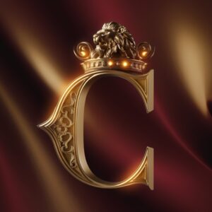 Royal-themed name DP with a gold C and a majestic lion emblem."