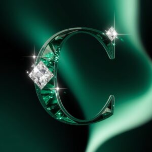 Sophisticated emerald green 'C' with sparkling diamond effects, set against a gradient from dark to light green."