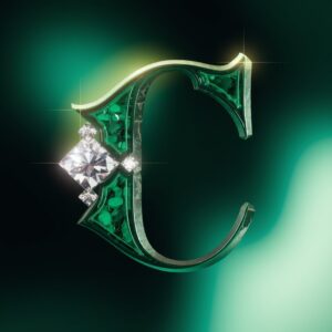 Opulent emerald letter 'C' with intricate gemstone details, highlighted by soft lights on a green gradient background."