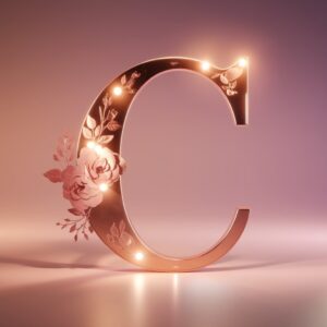 Romantic rose gold letter 'C' with floral engravings and warm highlights, against a gradient of blush and lavender hues