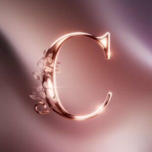 Letter 'C' in rose gold with intricate floral patterns, glowing softly against a blush pink to lavender gradient."