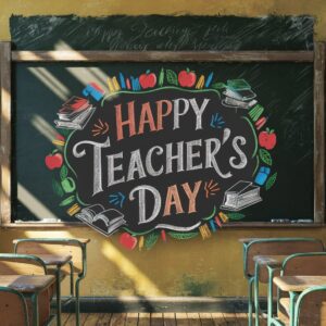 Chalkboard template with a heartfelt 'Happy Teacher's Day' message and vibrant school-themed illustrations."