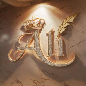 Majestic Ali name DP engraved on a luxurious marble wall with gold crown and quill."