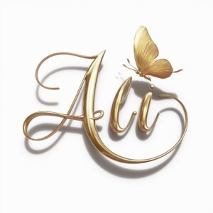 Serene golden 'Ali' name DP with a softly lit butterfly, blending elegance and simplicity on a white canvas."