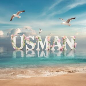 Serene beach setting with "Usman" in 3D letters, complemented by a calm sea and subtle blue sky.