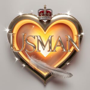 Elegant 3D "Usman" design in gold and silver within a heart motif, illuminated by soft silver lighting