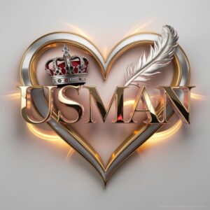 Charming 3D "Usman" with gold and silver letters in a heart frame, enhanced by a crown, feather, and silver lighting.