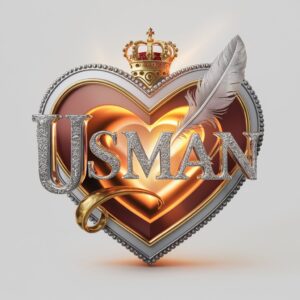 Luxurious "Usman" typography in gold and silver, set inside a heart with a crown and feather, enhanced by warm lighting.