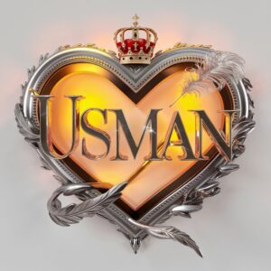 Heart-shaped "Usman" artwork with regal crown and feather, glowing with warm silver lights and a white backdrop