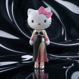 3D Hello Kitty in a black outfit with silver and pink highlights, set against a sleek black surface with glowing reflections wallpaper."