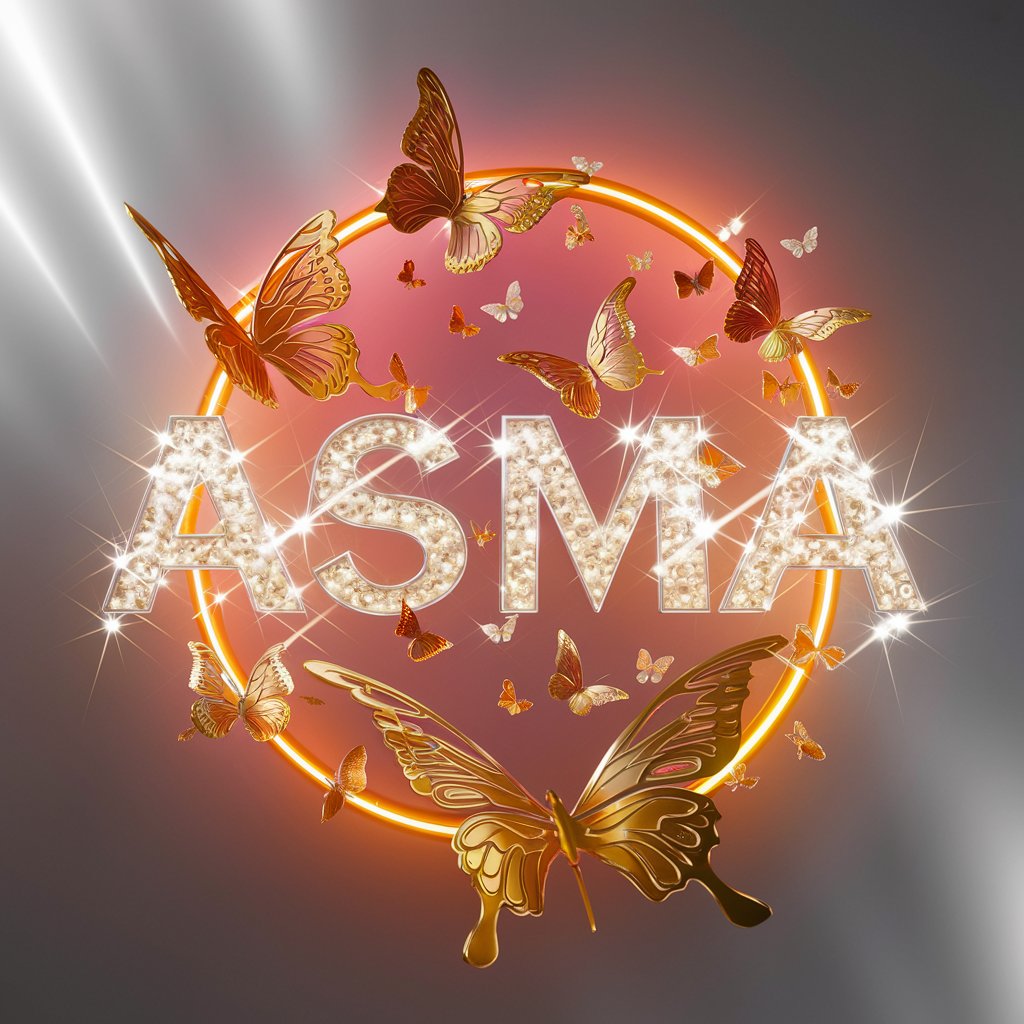 Glowing "Asma" logo with golden butterflies and neon accents, set against a sparkling silver wallpaper.