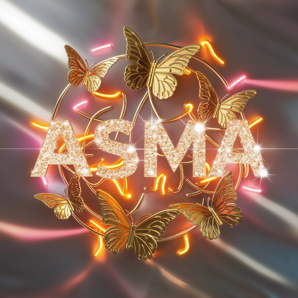 Asma" logo with golden butterflies and neon orange-pink lights, sparkling on a glossy silver wallpaper.