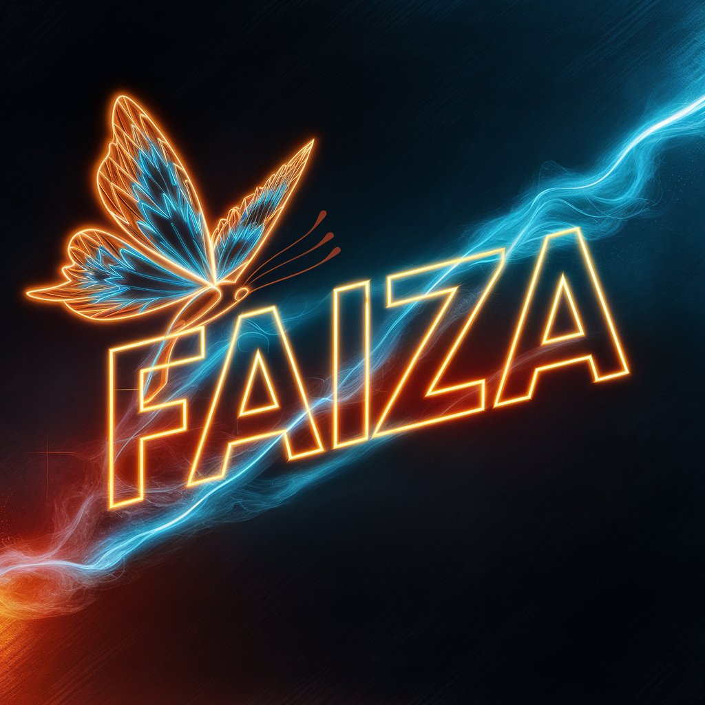 Bright neon orange and blue "Faiza" logo with glowing effect and detailed butterfly. Great for vivid, eye-catching wallpaper.