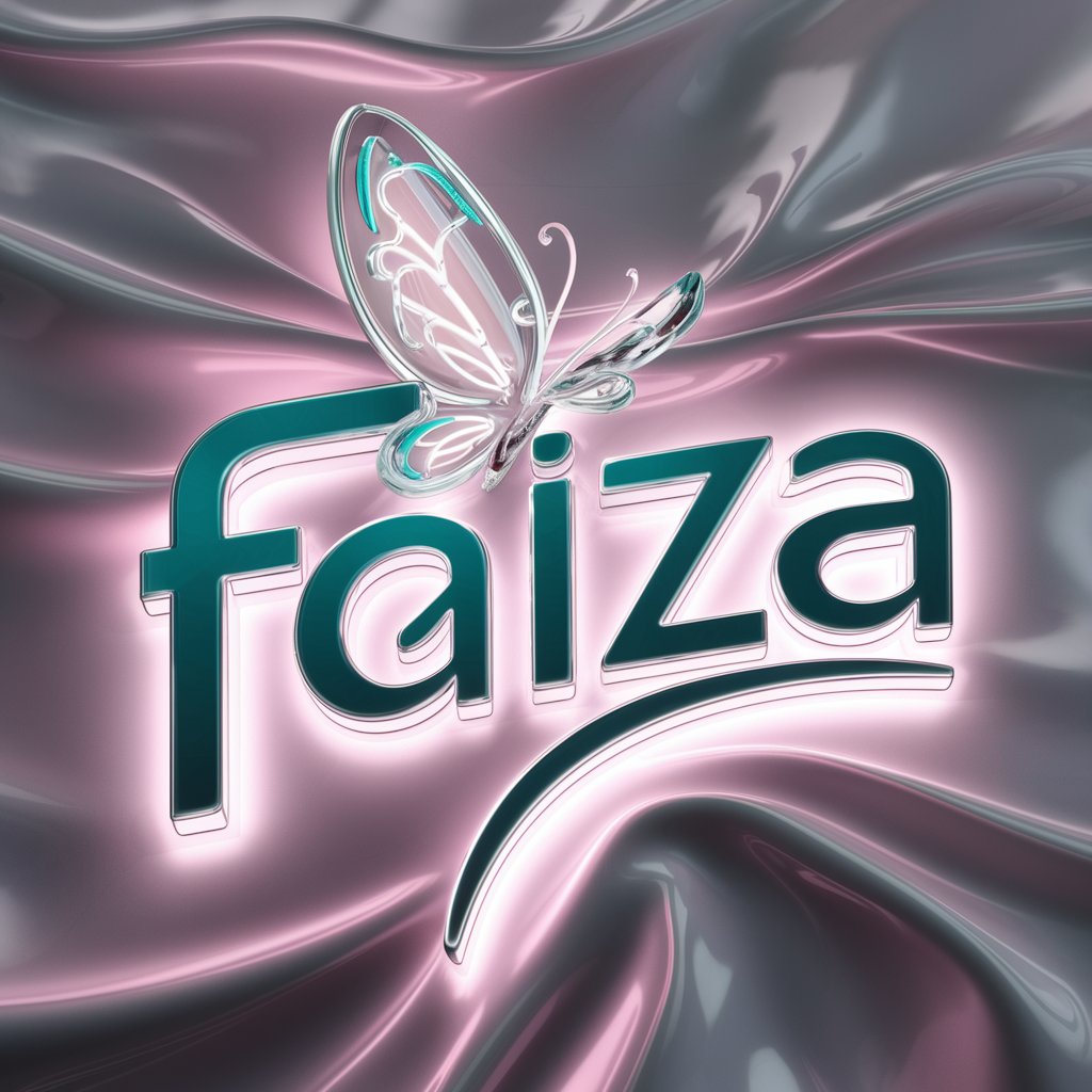 Sophisticated "Faiza" 3D logo in neon teal and pink with glowing butterfly. Adds elegance to your chic wallpaper.