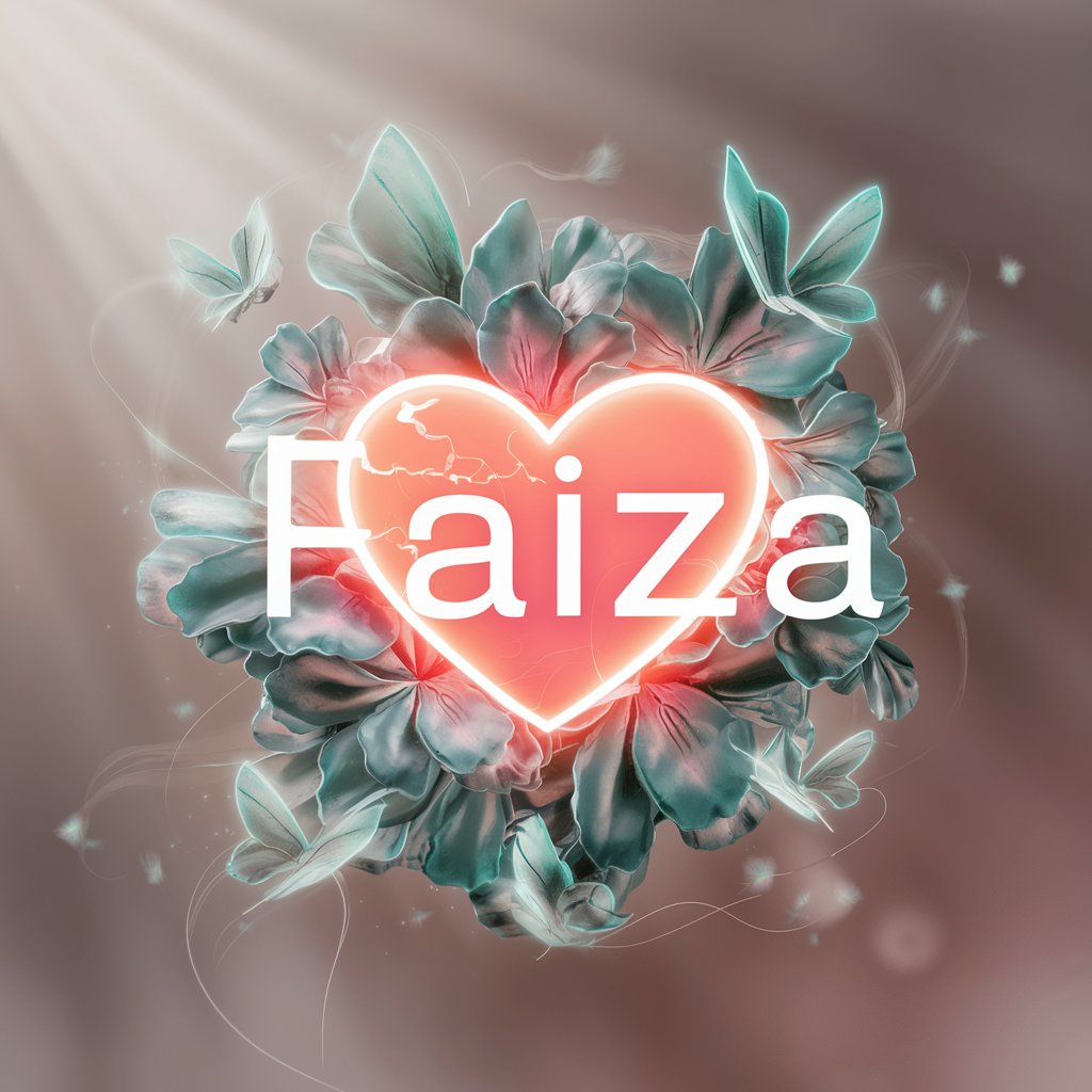 Charming 3D Faiza logo with neon coral and teal lights, featuring a heart and floral elements for whimsical wallpapers."