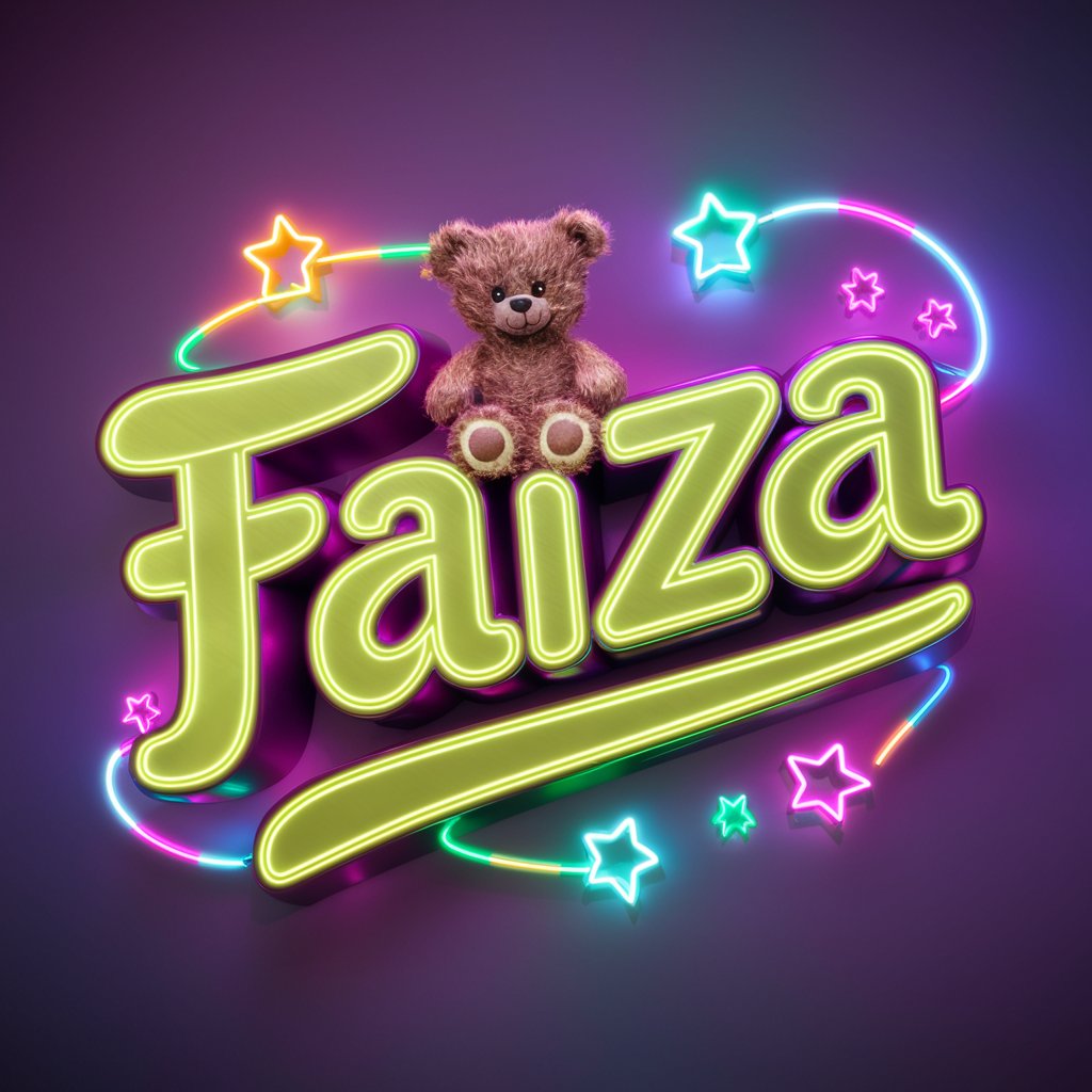 Bright Faiza logo featuring neon lights and a charming teddy bear."