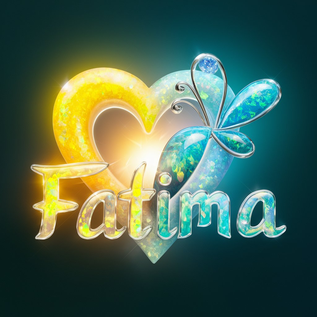 Refreshing 'Fatima' wallpaper with turquoise gradient, glowing heart, and whimsical glass butterfly."